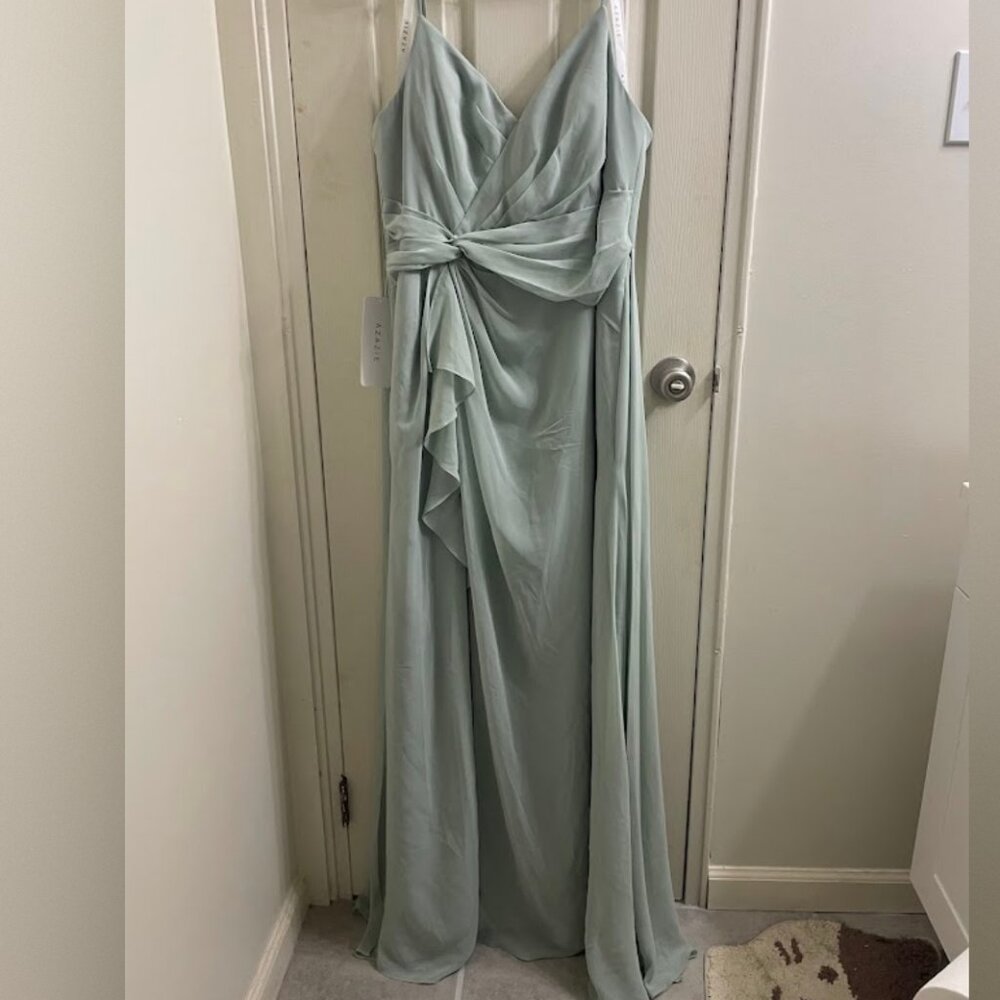 NWT Azazie Emerald A-Line Ruffled Chiffon Dress in Agave - Picture 5 of 15